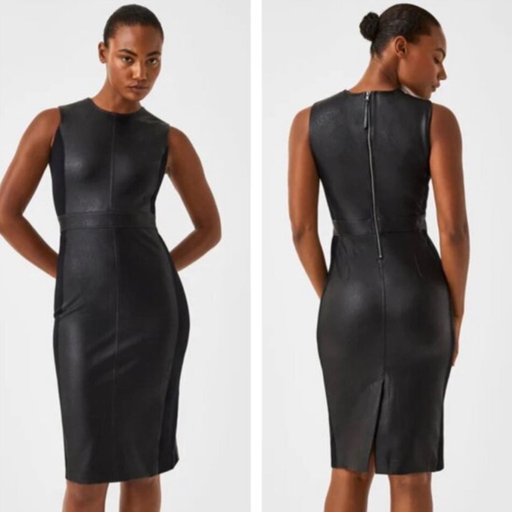 SPANX - Black Faux Leather Midi Stretch Sheath Dress - NWT